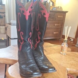 Black and Red Western Cowboy Ostrich Boots 12 AAA Narrow